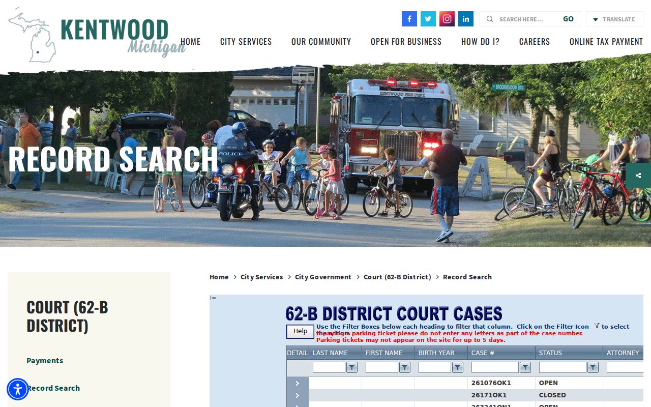 Kentwood resident lookup view of the 62-B District Court record search instructions