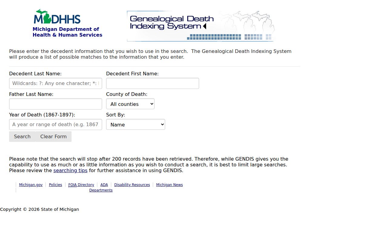 Kentwood resident lookup view of the GENDIS historical death search form